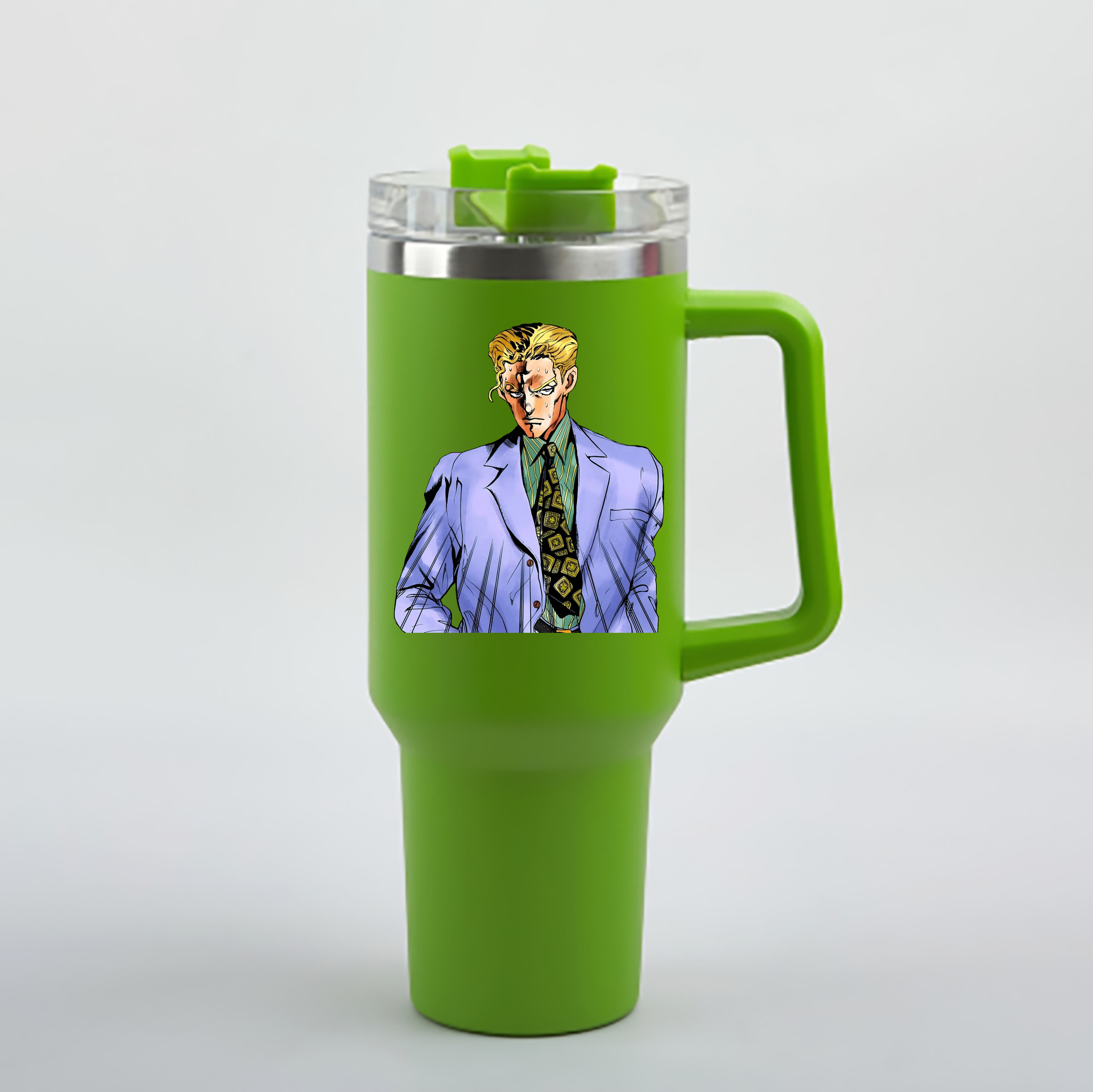 （画像用） ジョジョの奇妙な冒険 きら よしかげ JoJo's Bizarre Adventure Kira Yoshikage 1200mL車用タンブラー - クリスタルステッカー（プラスチックストロー付き）
